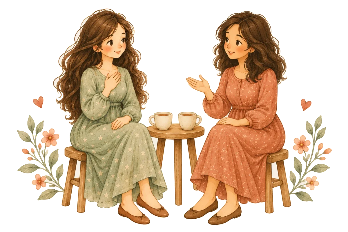 Dos mujeres conversando con calma frente a dos tazas