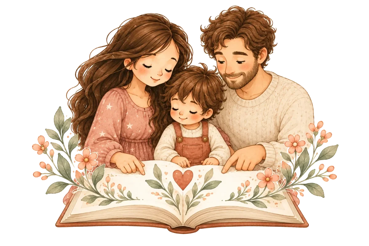 Mamá, papá e hijo leyendo juntos un libro