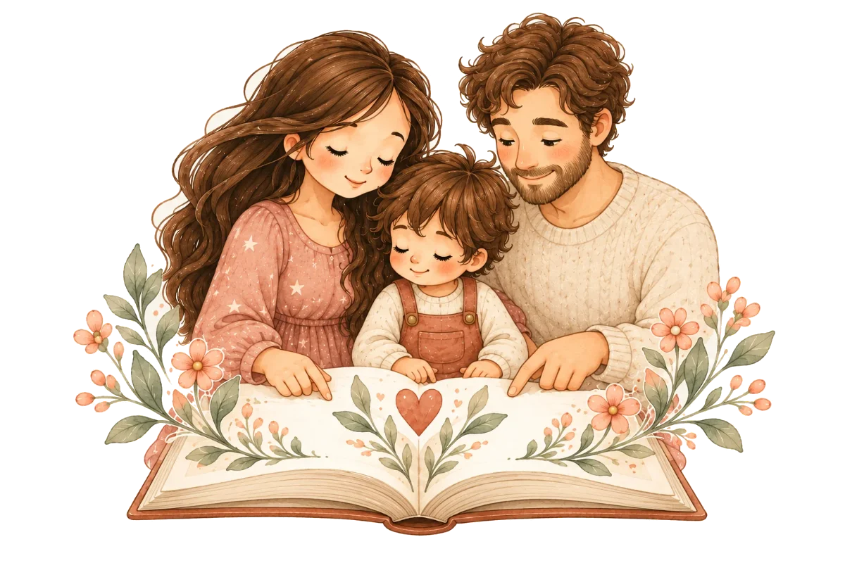Mamá, papá e hijo leyendo juntos un libro
