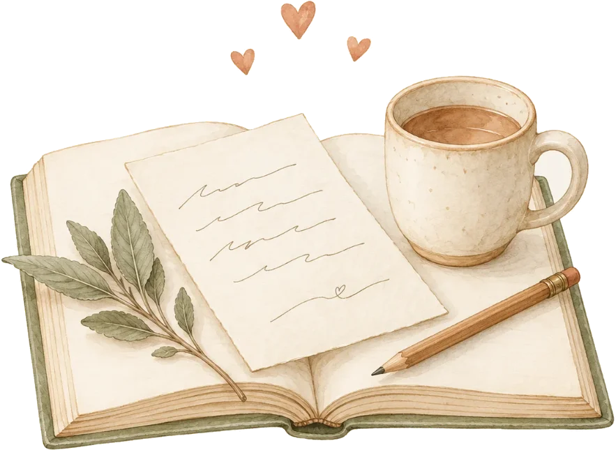 Libro abierto con una carta escrita a mano, una taza y corazones