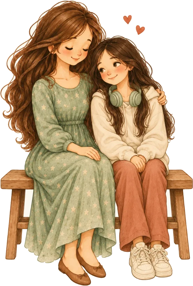 Mamá y su hija adolescente sentadas juntas en complicidad