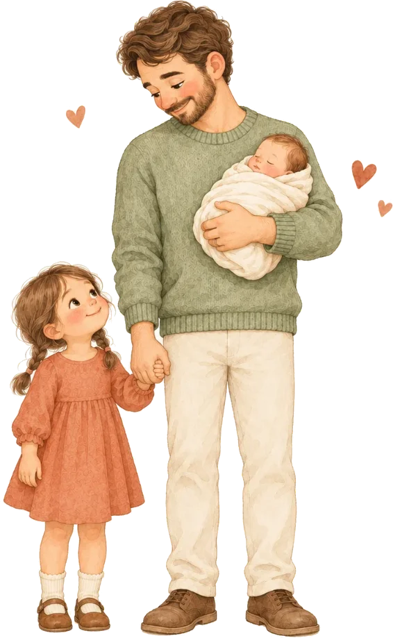 Papá con su bebé dormido en brazos y su hija de la mano
