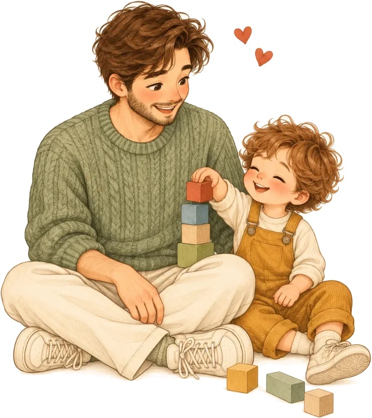Papá jugando con su peque a construir una torre de bloques